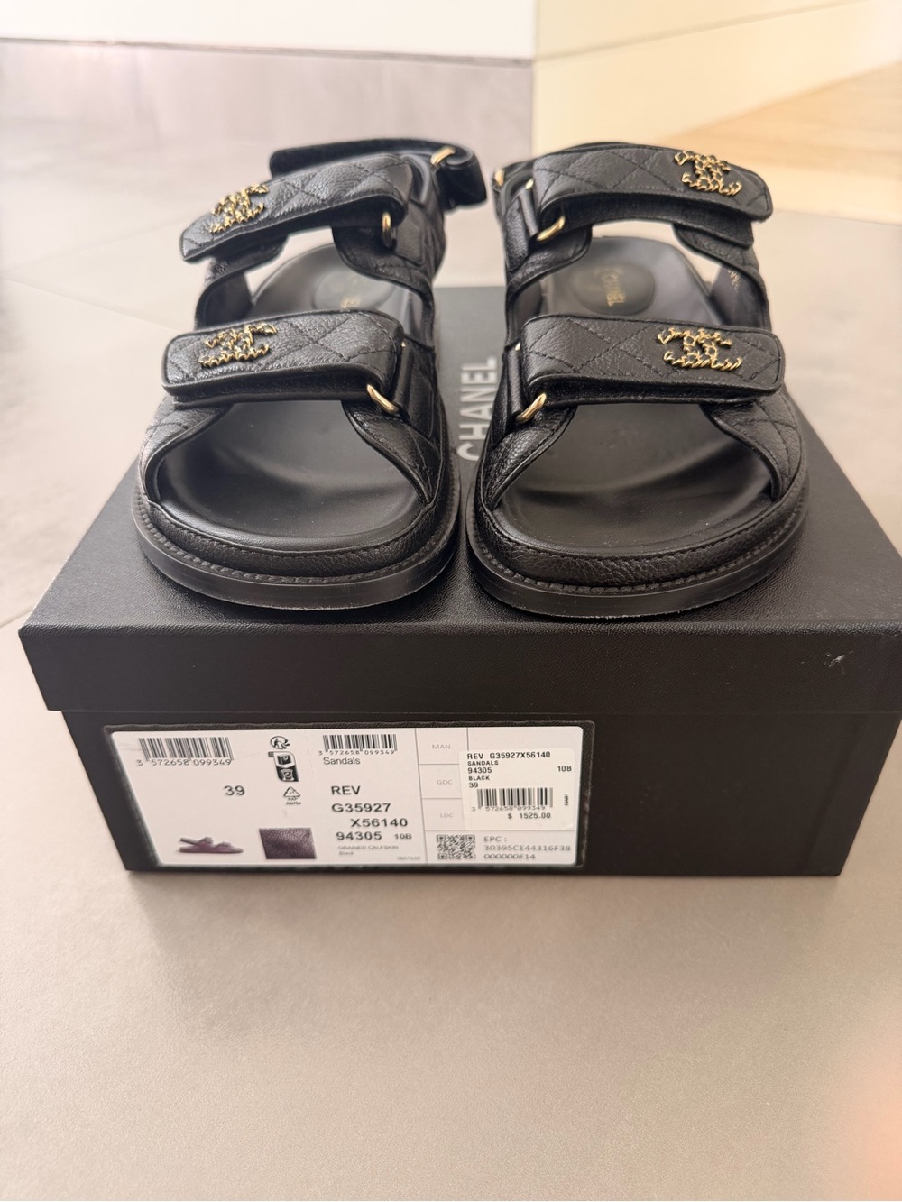CHANEL Black Quilted Leather Double-Strap Logo Sandals